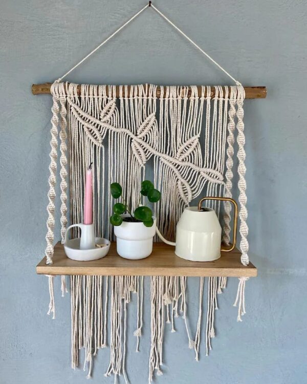 Macrame Wall Hanging Shelf, Boho Indoor Plant Hanger, Flower pots Holder, Bohemian Home Geometric Art Decor Cotton Bedroom Decorations, Size 16 x 23 INCH