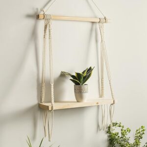 Macramé Wall Hanging Shelf Pine Wood Floating Shelve with Wooden Dowel