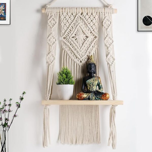 Macrame Wall Hanging Shelf, Pine Wood Wall Shelve