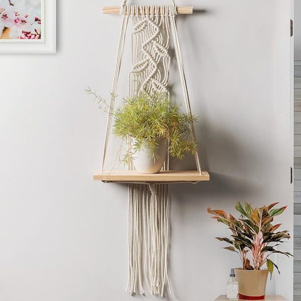 The Top Knott Macrame Leaf Pattern Macrame Wall Hanging Shelf Pine Wooden3