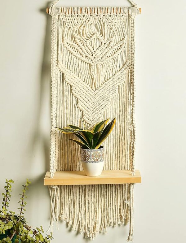 Macrame Wall Hanging Shelf Wood Floating Shelves with Wooden Dowel