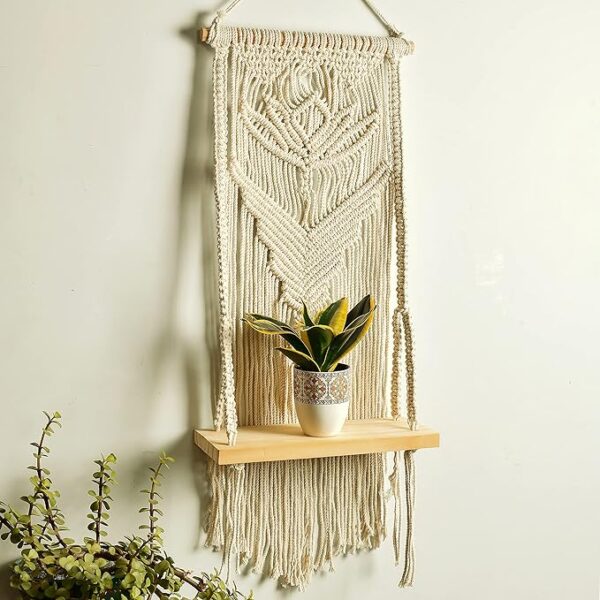 Macrame Wall Hanging Shelf Wood Floating Shelves with Wooden Dowel