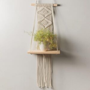 The Top Knott Macrame Leaf Pattern Macrame Wall Hanging Shelf Pine Wooden