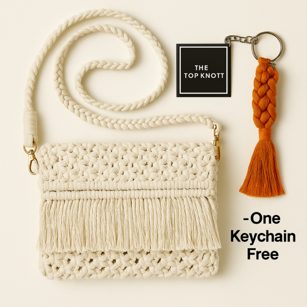 Shop THE TOP KNOTT® handmade boho macrame sling bag – eco-friendly, stylish, and perfect for travel, festivals, or daily wear. Free keychain included!