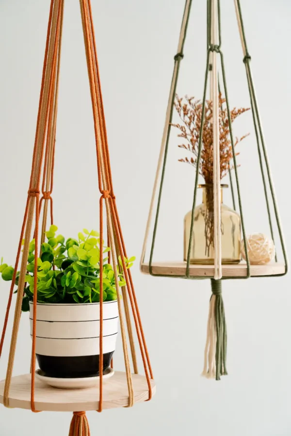 Macrame Ceiling Plant Hanger with Wooden Shelf | Boho