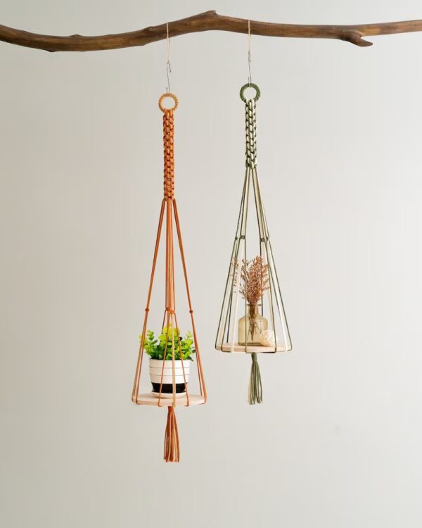 Macrame Ceiling Plant Hanger with Wooden Shelf | Boho