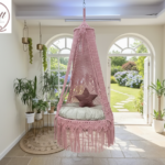 Handcrafted Pink Macrame Hanging Swing with Canopy
