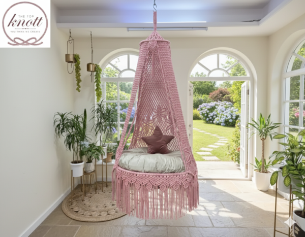 Handcrafted Pink Macrame Hanging Swing with Canopy