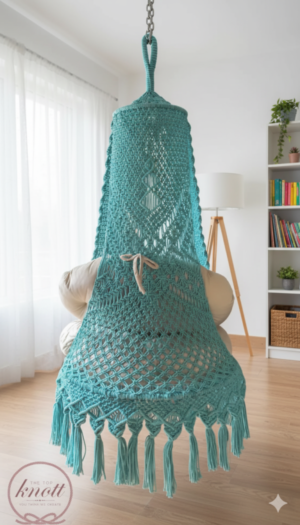 Shop The Top Knott’s premium macrame swing chair, handwoven with cotton rope and paired with a soft cushion. Perfect for living rooms, balconies, or bedrooms – stylish, durable, and comfortable.