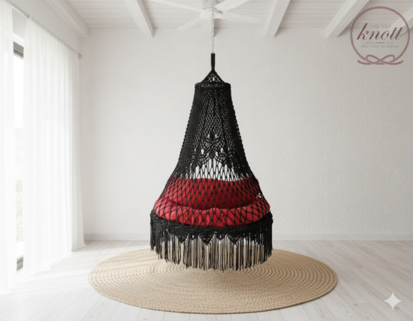 Black Macrame Hanging Swing Chair with Red Cushions