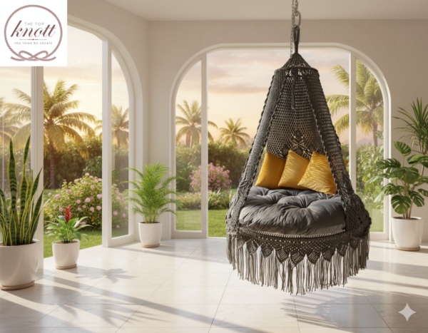 Dark Grey Boho Chic Macramé Hanging Chair with Cushions