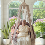 Light Peach Macrame Swing Chair with Brown Cushion