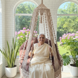 Light Peach Macrame Swing Chair with Brown Cushion
