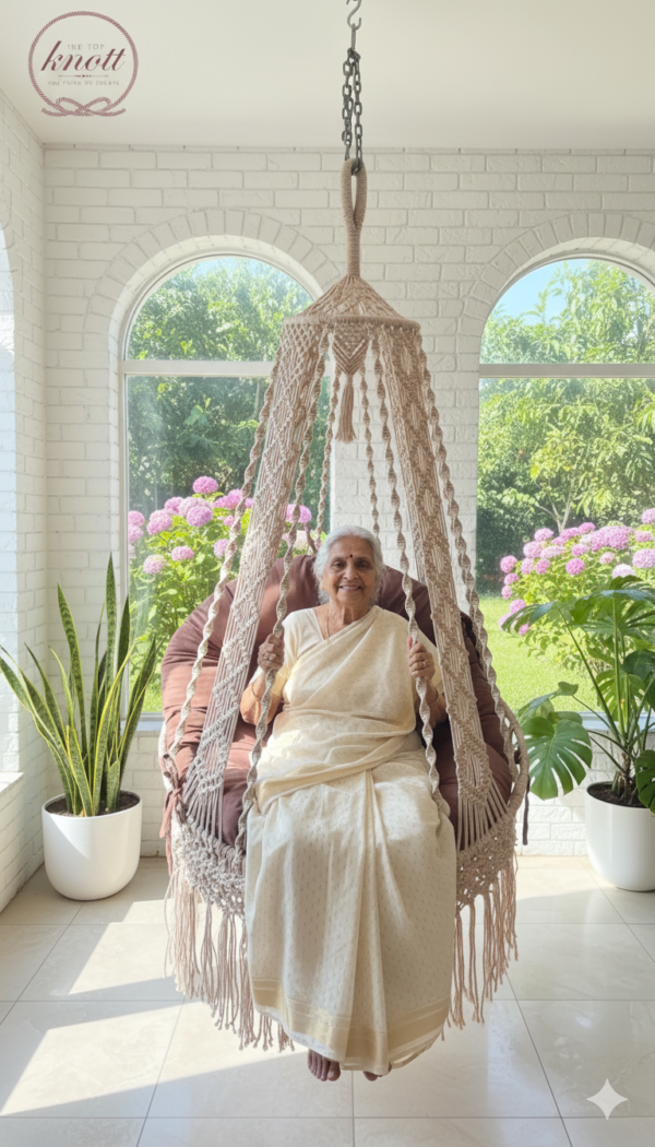 Light Peach Macrame Swing Chair with Brown Cushion