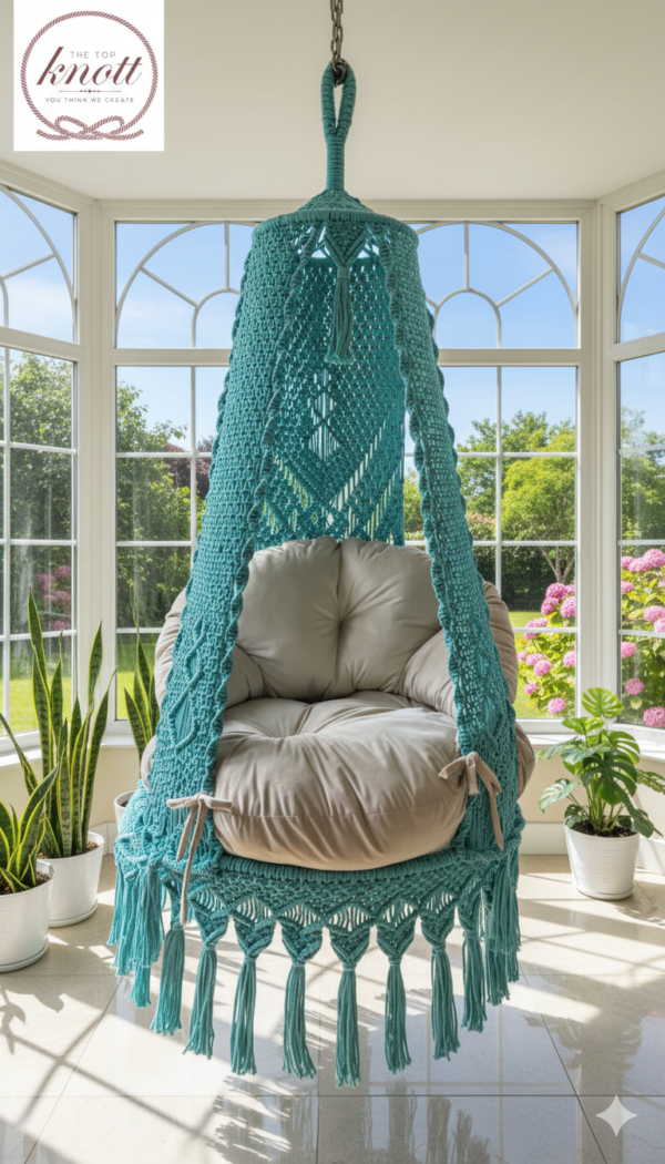 Shop The Top Knott’s premium macrame swing chair, handwoven with cotton rope and paired with a soft cushion. Perfect for living rooms, balconies, or bedrooms – stylish, durable, and comfortable.