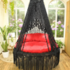 Black Macrame Hanging Swing Chair with Red Cushions