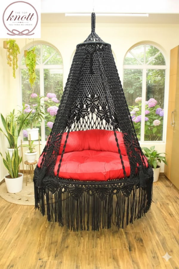 Black Macrame Hanging Swing Chair with Red Cushions
