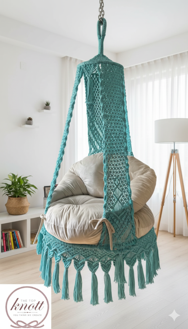 Shop The Top Knott’s premium macrame swing chair, handwoven with cotton rope and paired with a soft cushion. Perfect for living rooms, balconies, or bedrooms – stylish, durable, and comfortable.