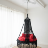 Black Macrame Hanging Swing Chair with Red Cushions