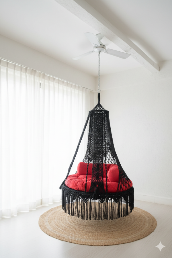 Black Macrame Hanging Swing Chair with Red Cushions
