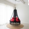 Black Macrame Hanging Swing Chair with Red Cushions