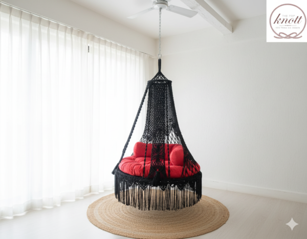 Black Macrame Hanging Swing Chair with Red Cushions