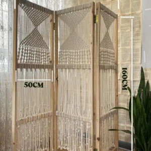 Handmade Macrame Room Divider with Wooden Panel