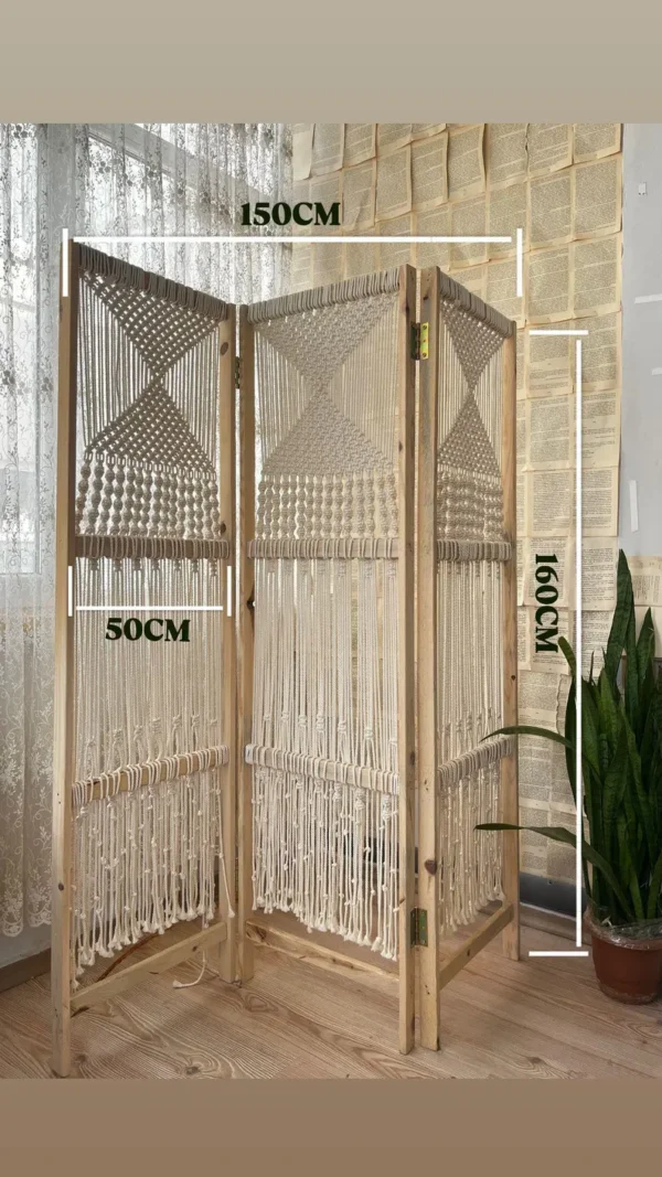 Handmade Macrame Room Divider with Wooden Panel