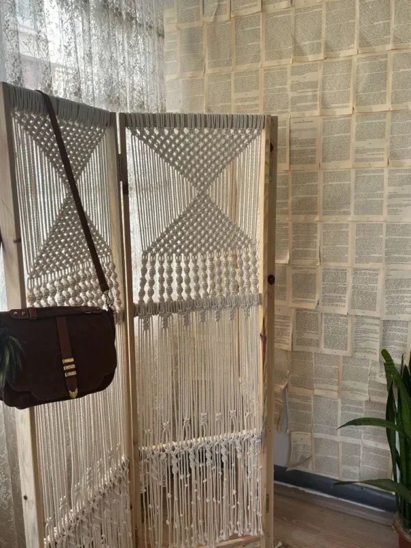 Handmade Macrame Room Divider with Wooden Panel