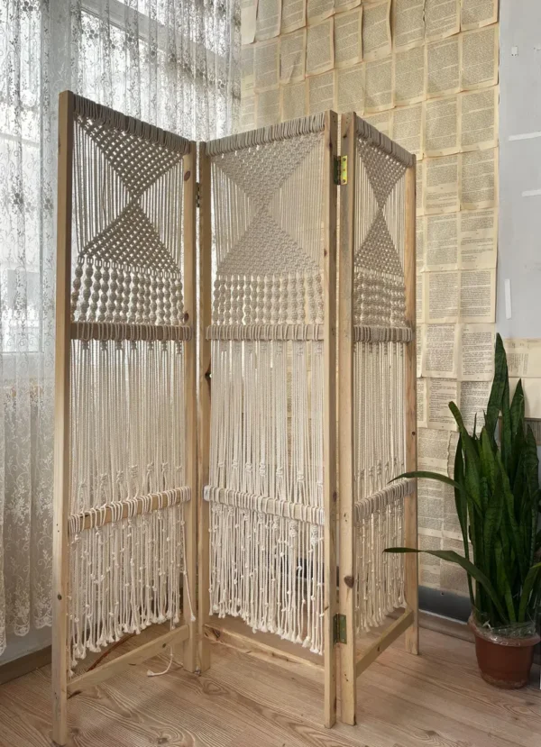 Handmade Macrame Room Divider with Wooden Panel