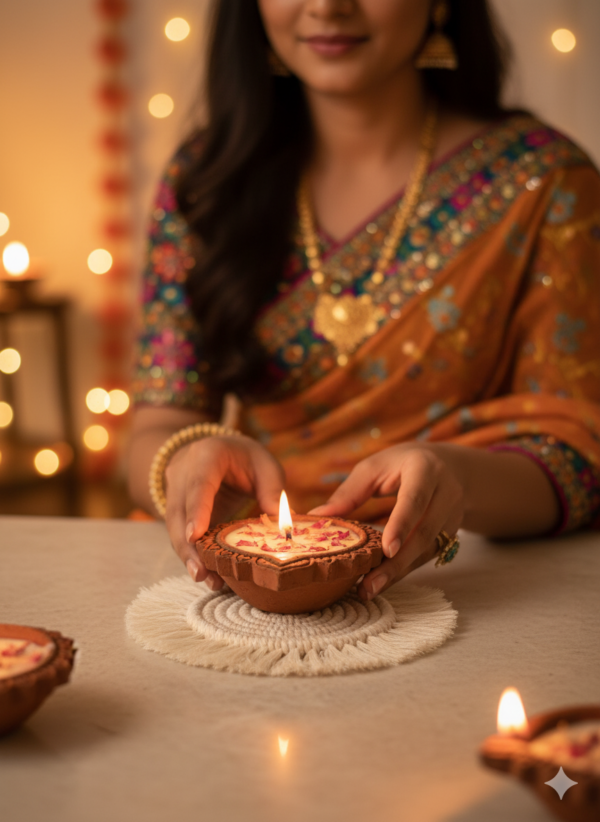 Premium Macrame Coaster & Soy Wax Diya Candle Gift Set