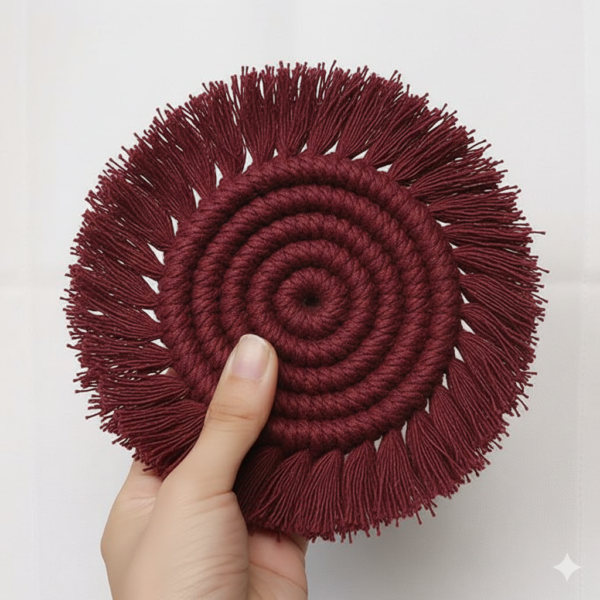 Maroon Macrame Round Coasters | Handmade Cotton Coasters Set of 2