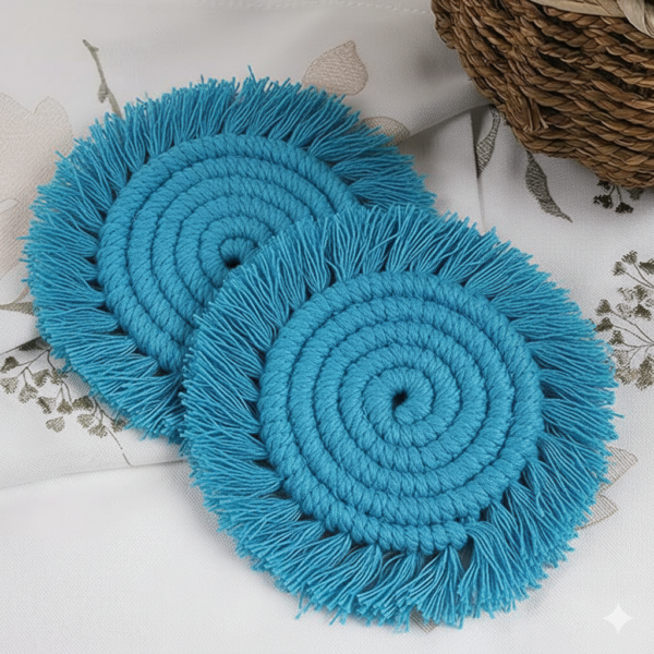 Blue Macrame Round Coasters | Handcrafted Cotton Coasters Set of 2