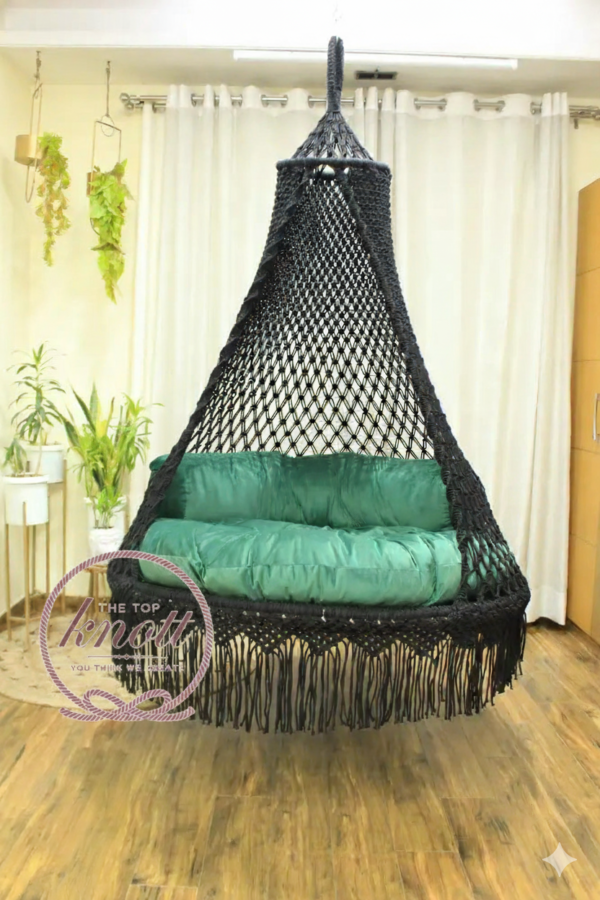 Boho Chic Black Macramé Hanging Chair with Mint Cushion
