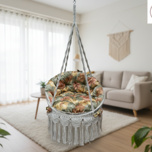 The Top Knott Premium Macrame Hanging Swing Chair with Floral Cushion