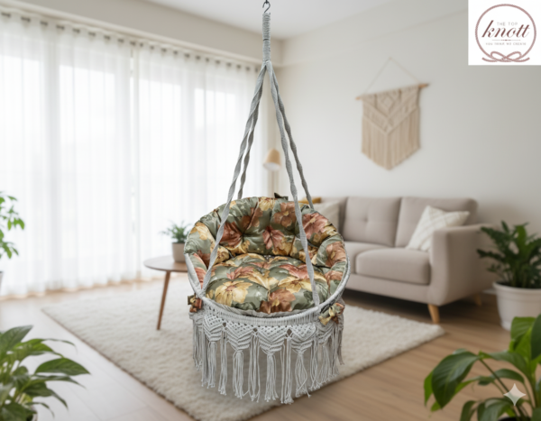 The Top Knott Premium Macrame Hanging Swing Chair with Floral Cushion