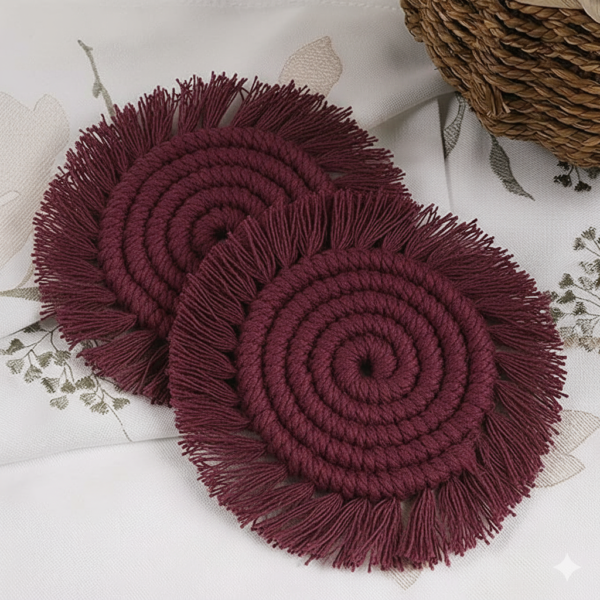 Maroon Macrame Round Coasters | Handmade Cotton Coasters Set of 2