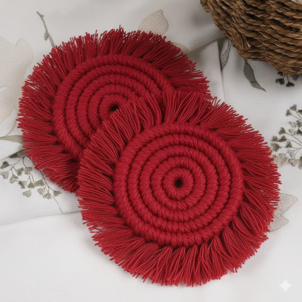 Red Macrame Round Coasters | Handmade Cotton Coasters Set of 2