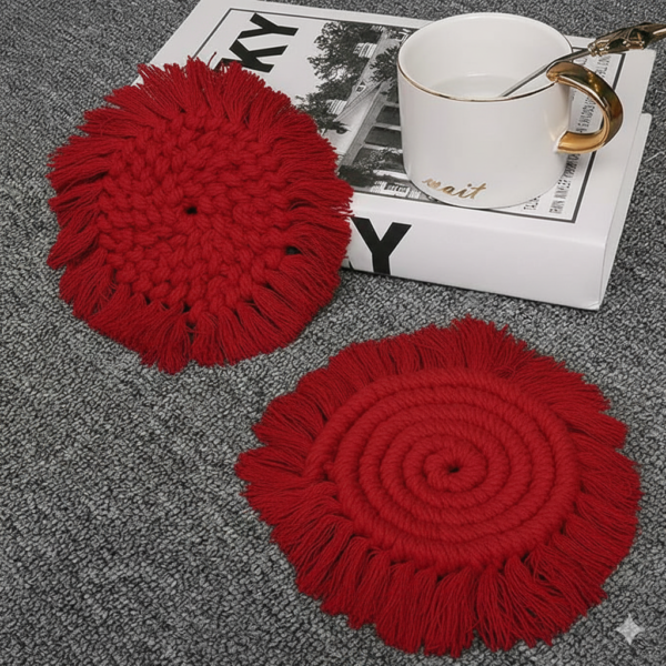 Red Macrame Round Coasters | Handmade Cotton Coasters Set of 2