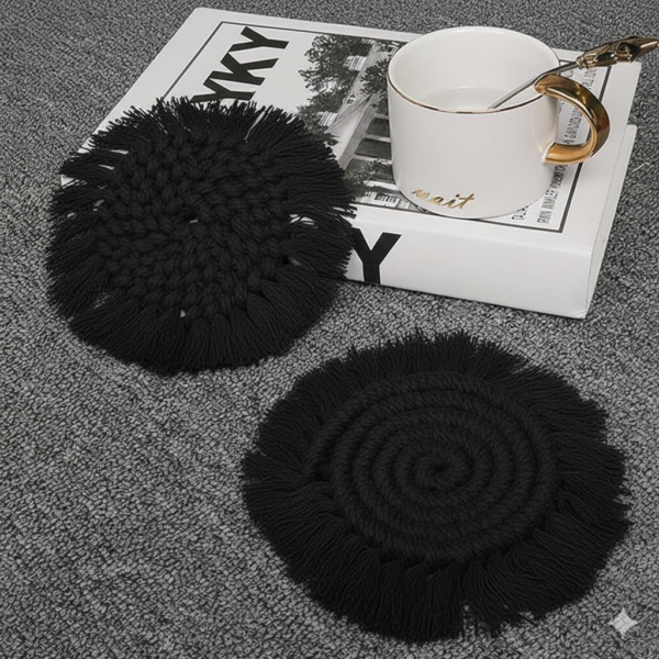 Black Macrame Round Coasters – Set of 2