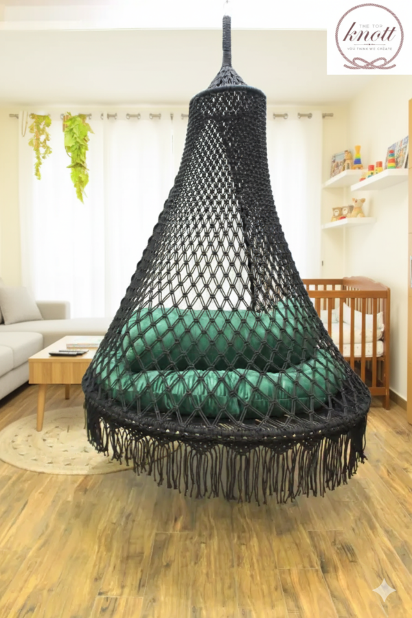 Boho Black Macramé Hanging Chair with Cushion