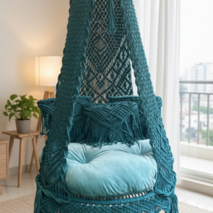 Boho-Chic Teal Macrame Swing Chair with Velvet Cushion