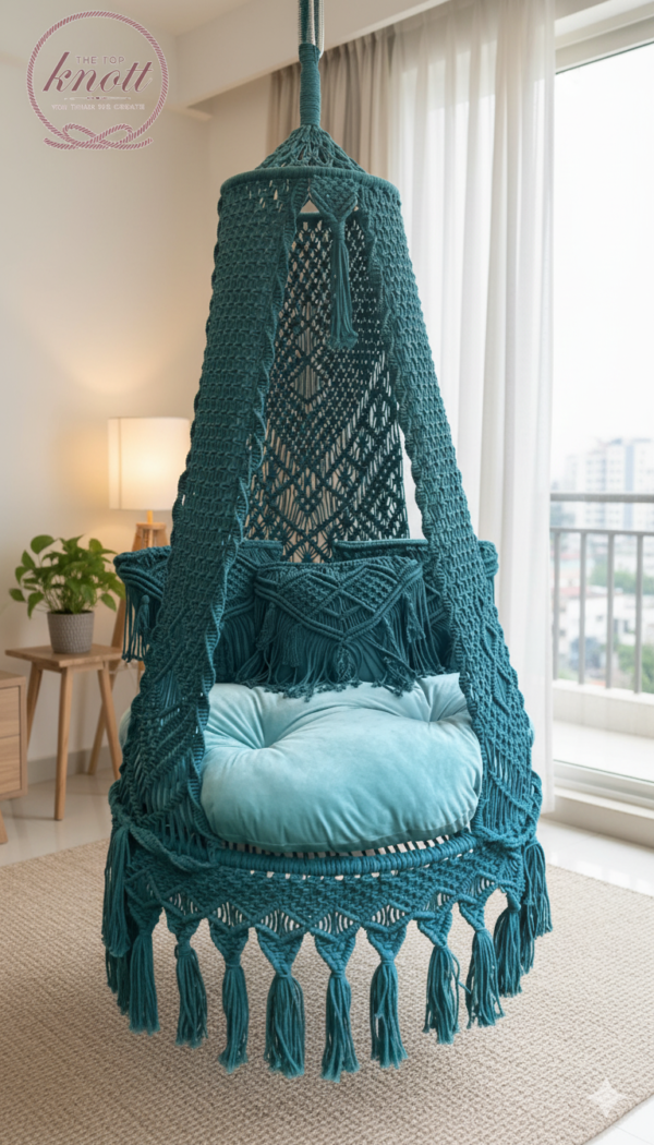 Boho-Chic Teal Macrame Swing Chair with Velvet Cushion