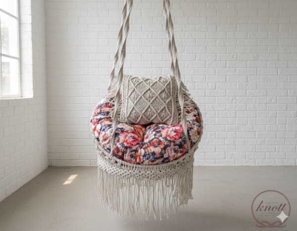 Macrame Swing Chair with Floral Cushion and Ottoman
