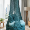 Boho-Chic Teal Macrame Swing Chair with Velvet Cushion