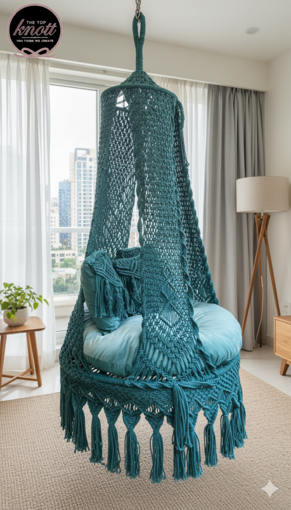 Boho-Chic Teal Macrame Swing Chair with Velvet Cushion
