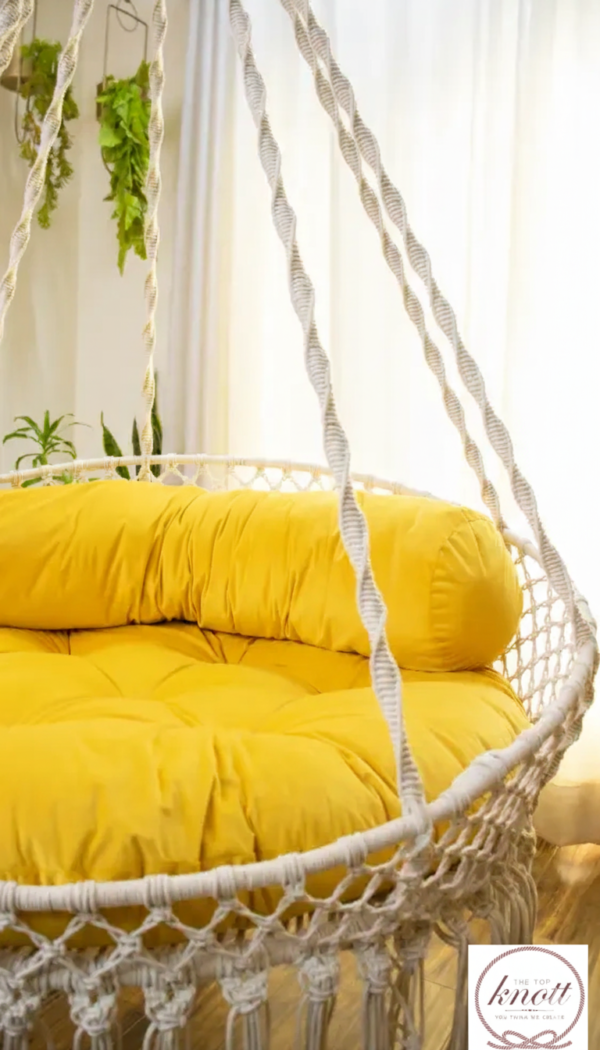 Macrame Round Swing Chair with Yellow Cushion