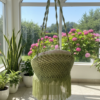 Olive Green Macrame Swing Chair with Beige Cushion