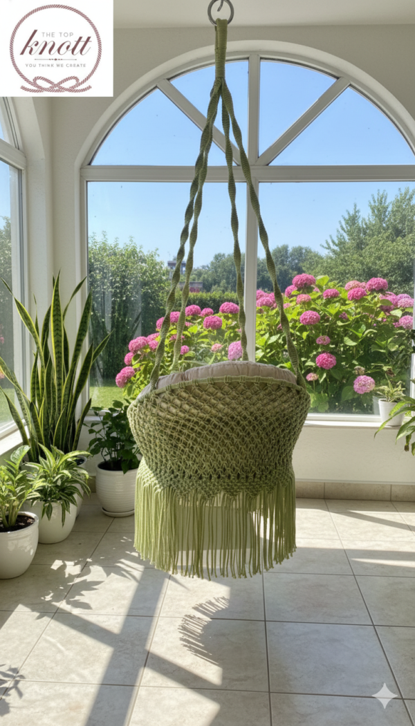 Olive Green Macrame Swing Chair with Beige Cushion