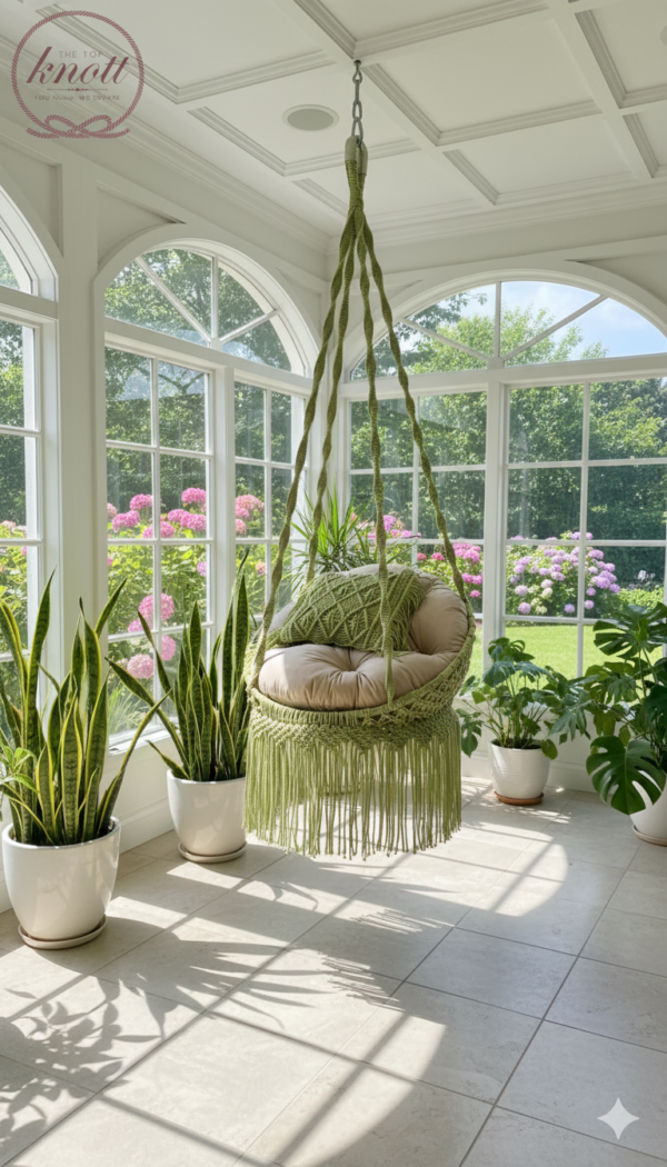Olive Green Macrame Swing Chair with Beige Cushion